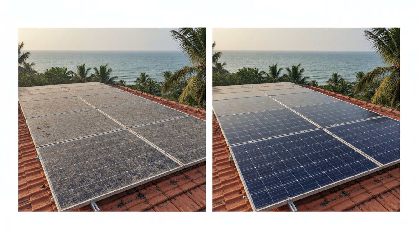 Solar panels before cleaning, dull and dusty, and the same panels after cleaning, spotless and reflective, on a coastal Kerala rooftop