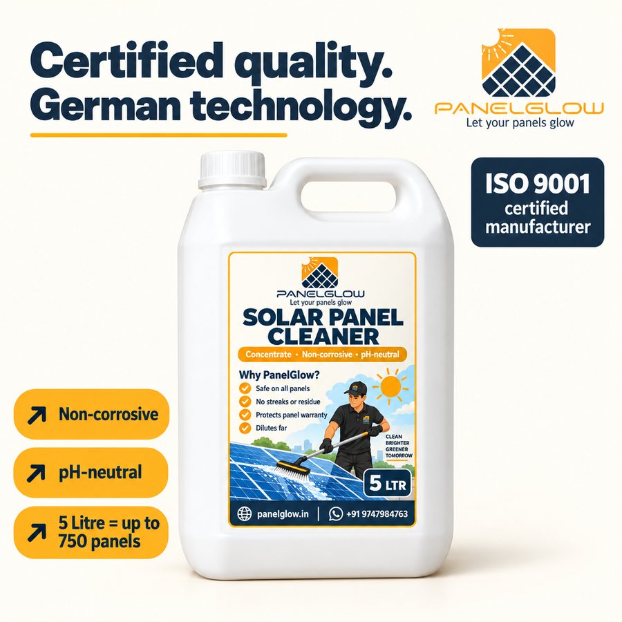 PanelGlow Solar Panel Cleaner 5 litre — ISO 9001 certified manufacturer, German technology, non-corrosive, pH-neutral, 5 litres cleans up to 750 panels
