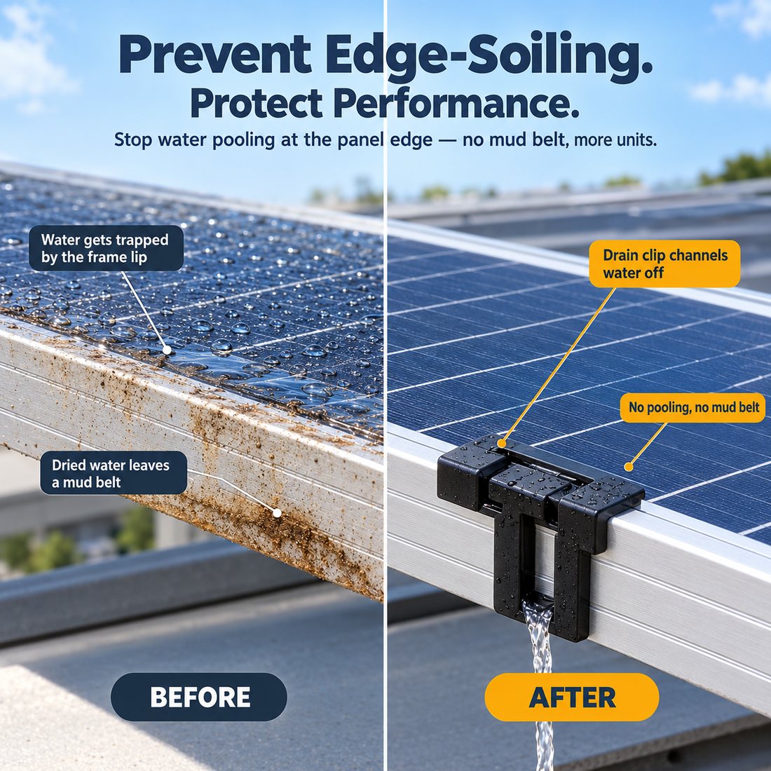 Before and after: water trapped by the panel frame leaves a mud belt; with a drain clip, water drains off and the edge stays clean