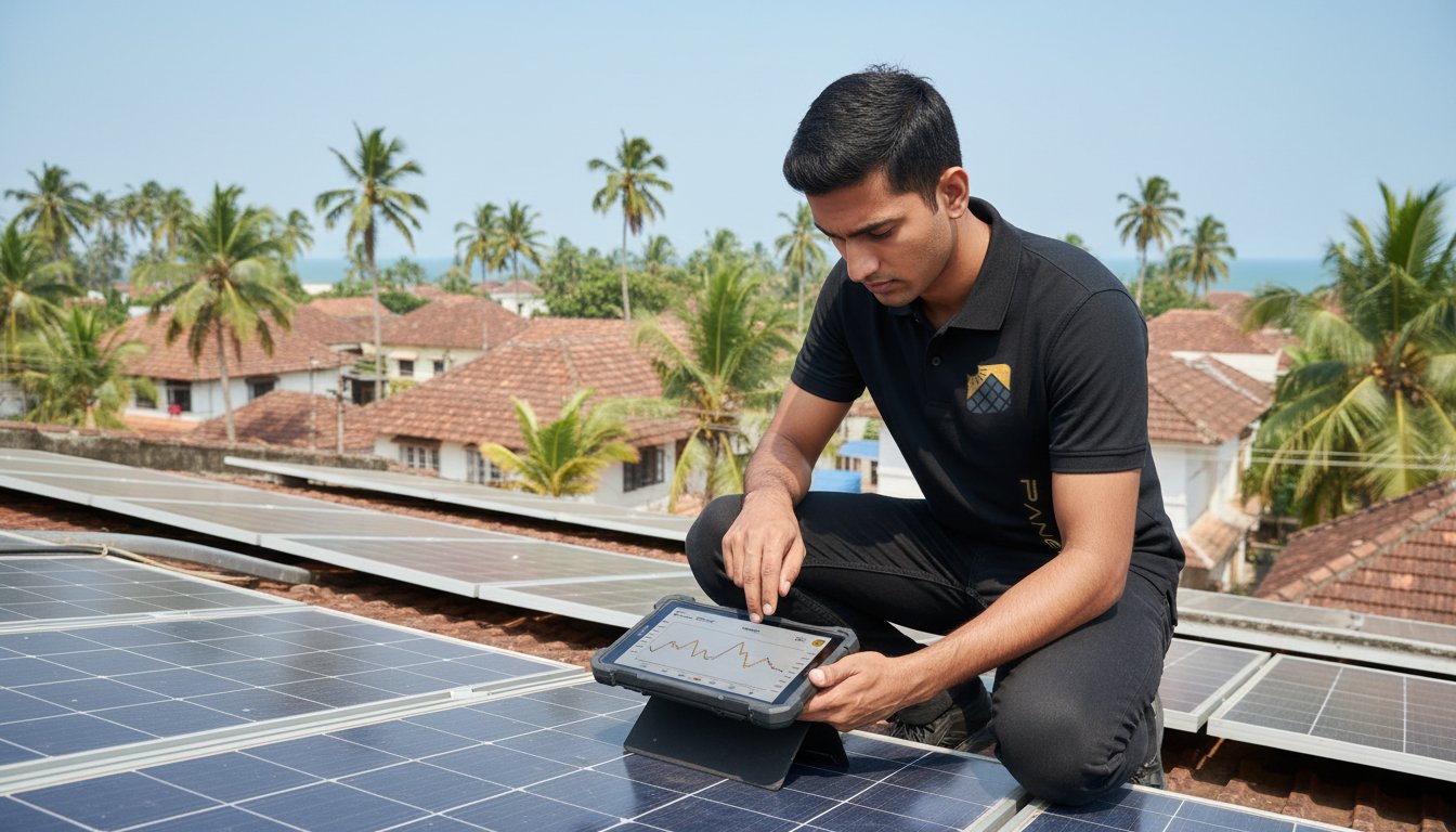 PanelGlow technician on a rooftop checking solar panel output on a tablet