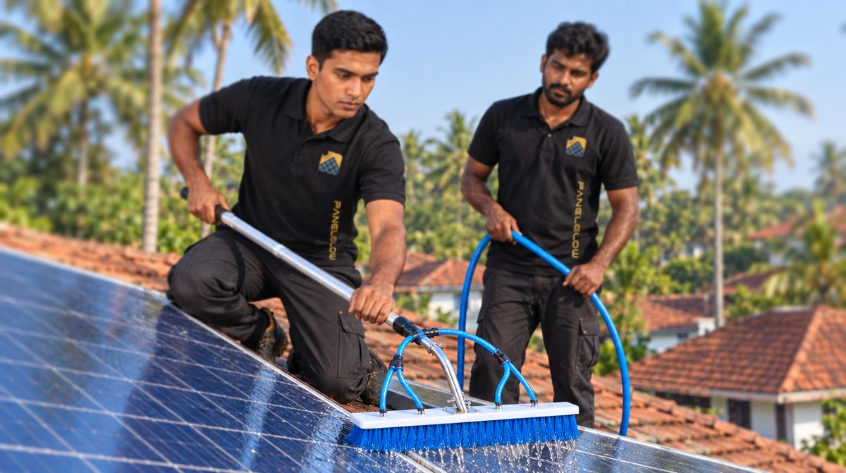 Two PanelGlow technicians cleaning panels, one with the brush and one handling the water hose
