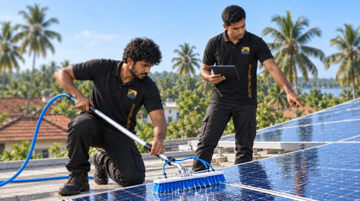 PanelGlow technician cleaning panels while a colleague checks the array with a tablet